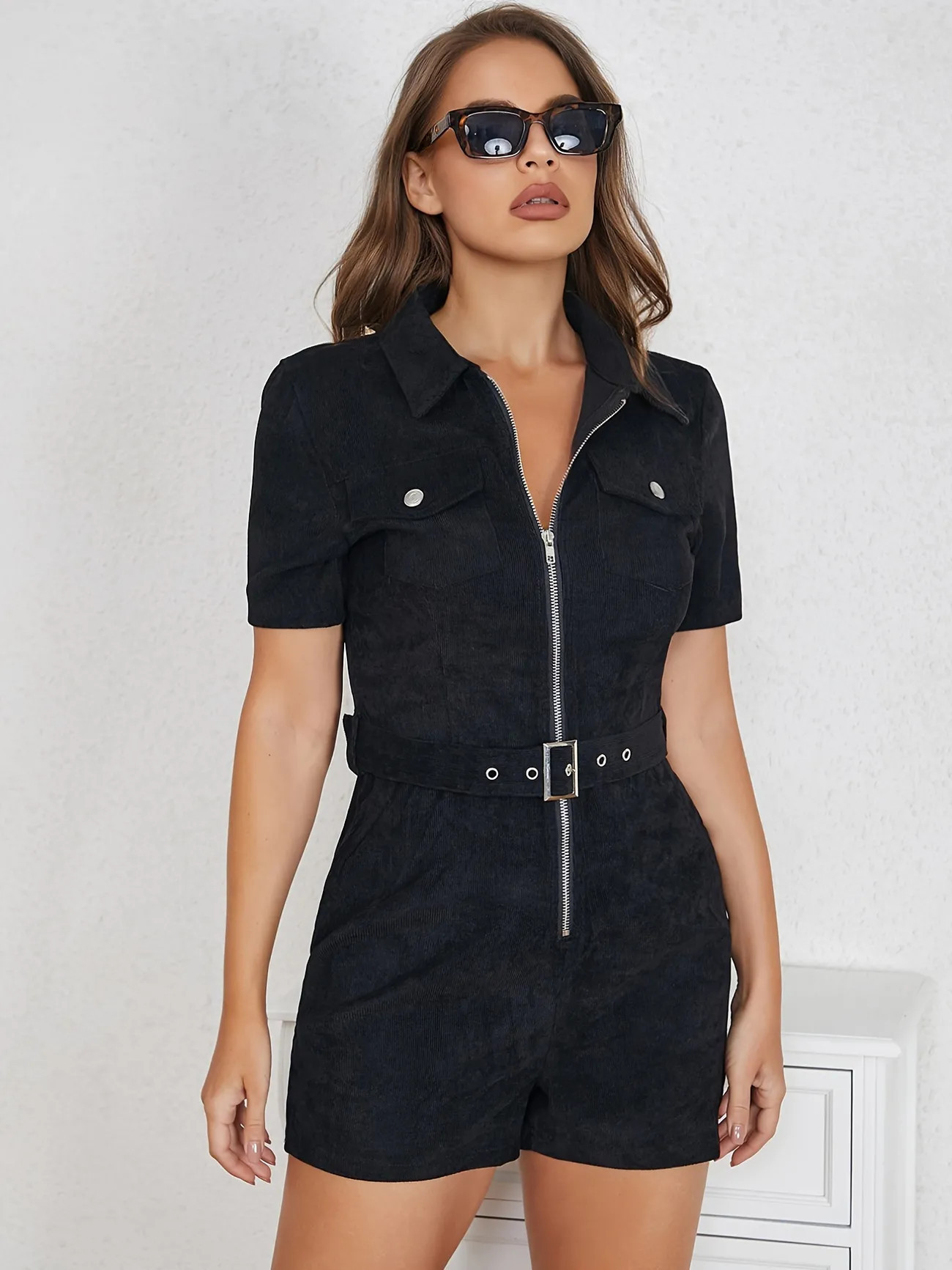Casual Corduroy Zipper Romper, Loose Short Sleeve Belt Waist Jumpsuit, Women's Clothing | Temu Affiliate Program