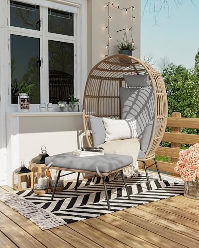 GarveeLife Oversize Wicker Egg Chair with Ottoman, Egg Shaped Lounge Chair with Thick Cushion, Comfy Egg Rattan Seat for Indoor Outdoor Patio Porch Backyard, Grey | Amazon (US)