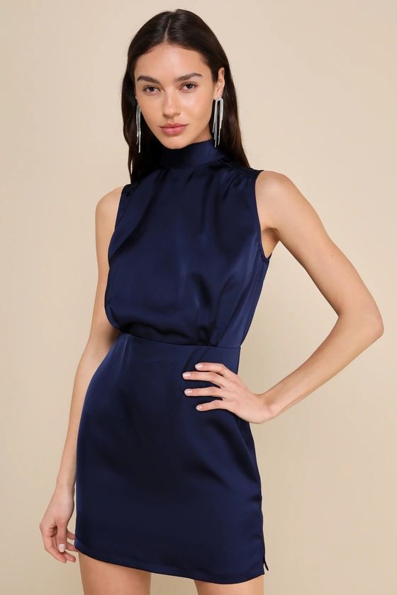 Classic Elegance Navy Satin Sleeveless Mock Neck Mini Dress | Lulus