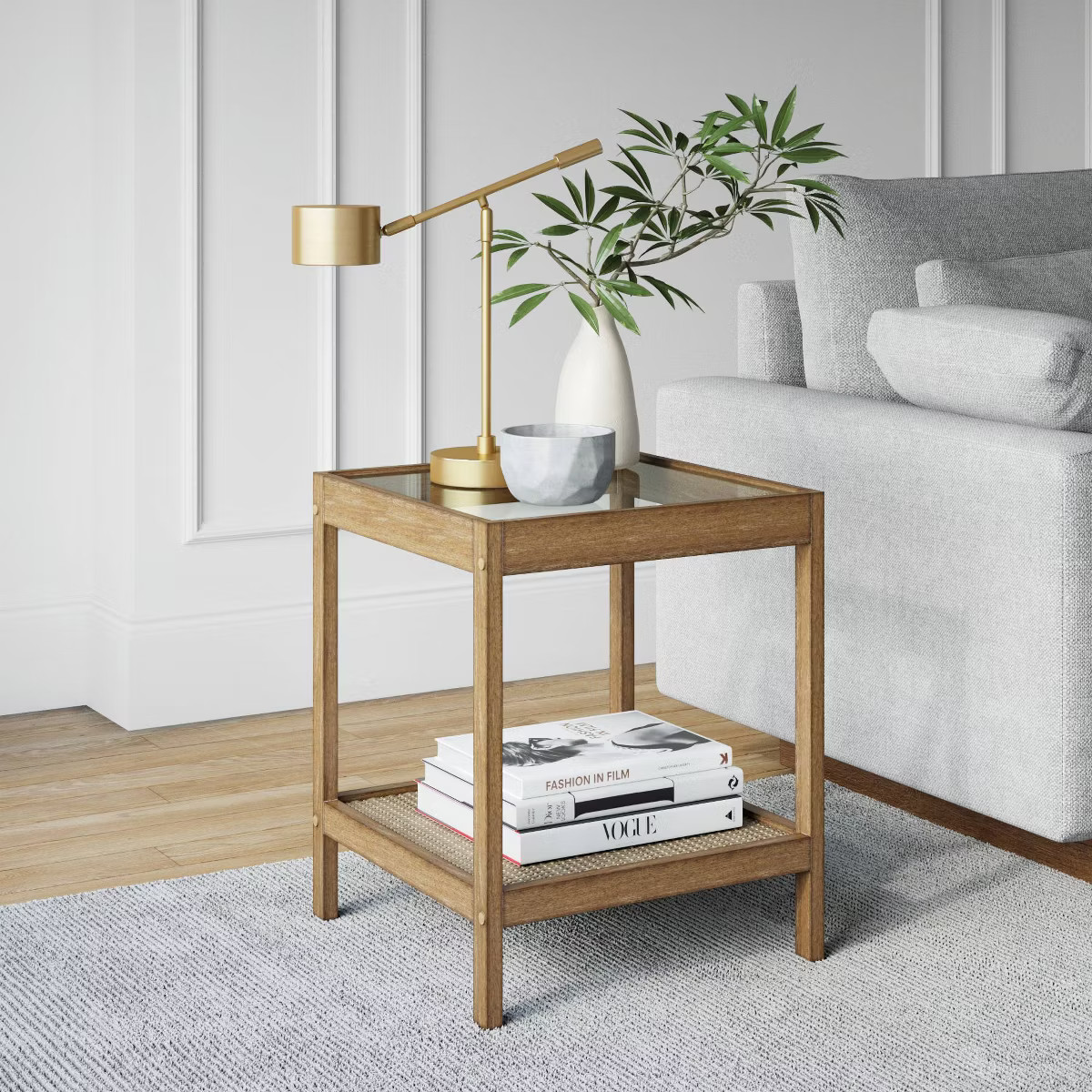 Hayes Solid Wood Rattan and Glass Top Side Table Brushed Light Brown - Nathan James | Target