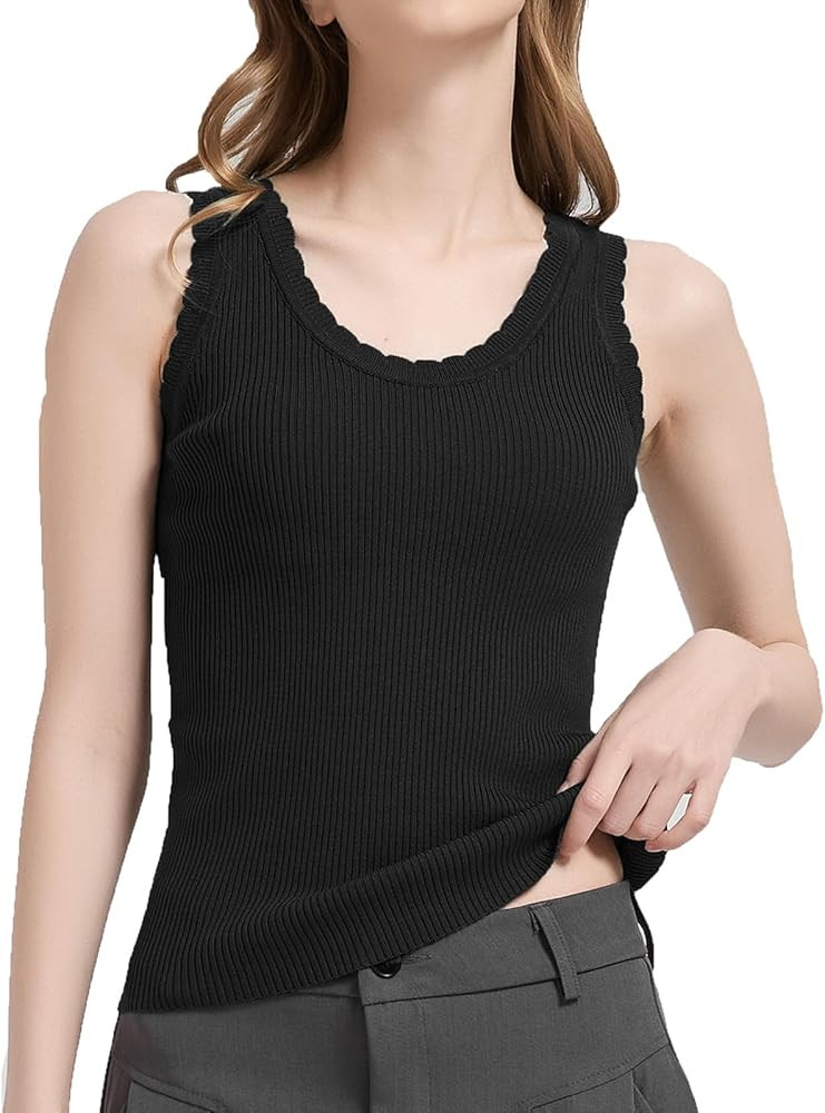 Orolay CHIIONE Womens Ribbed Tank Top Soft Knit Sweater Shirt Scalloped Trim Sleeveless Top Fitte... | Amazon (US)