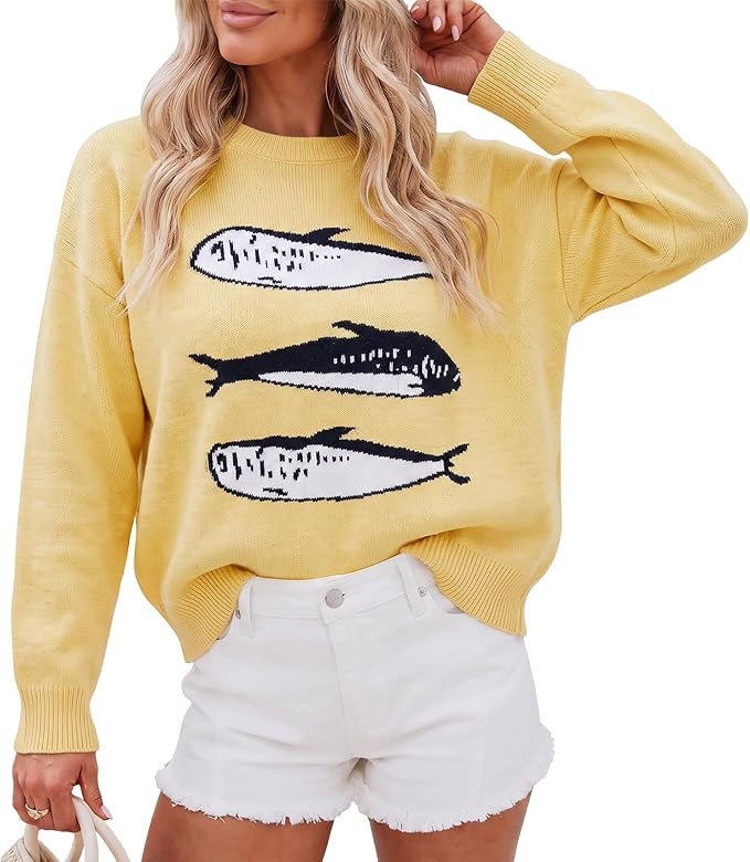 Cicy Bell Womens Fish Graphic Sweaters Lightweight Knit Crewneck Pullover | Sardine Animal Patter... | Amazon (US)