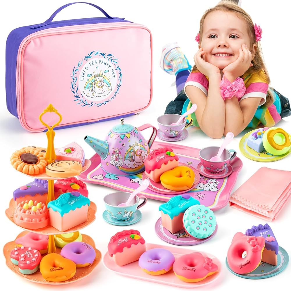 Juboury Tea Party Set for Little Girls, Pretend Tin Teapot Set with Dessert, Doughnut, Cake Stand... | Amazon (US)