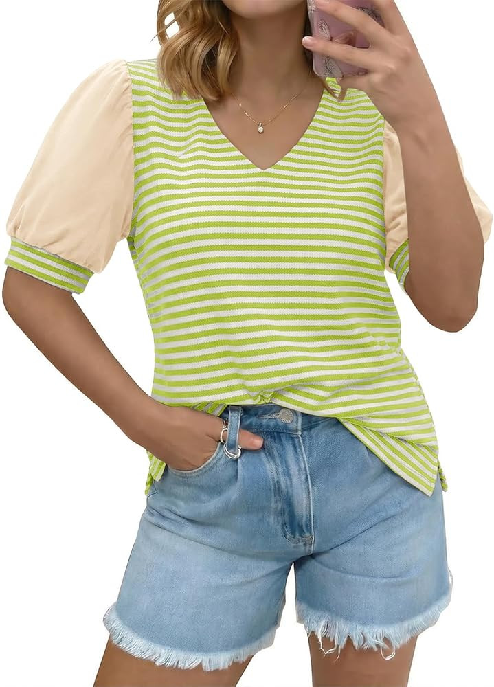 Tankaneo Womens Puff Sleeve Striped T-Shirts Summer V Neck Color Block Tops Trendy Casual Loose F... | Amazon (US)