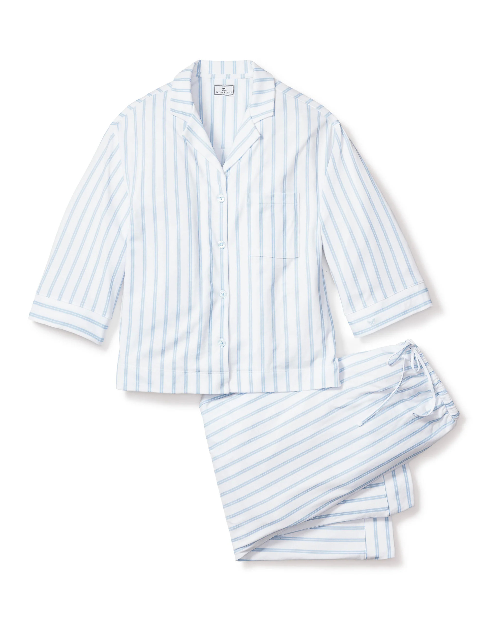 The Olivia Wide Leg Pima Pajama Set in Periwinkle Stripe | Petite Plume