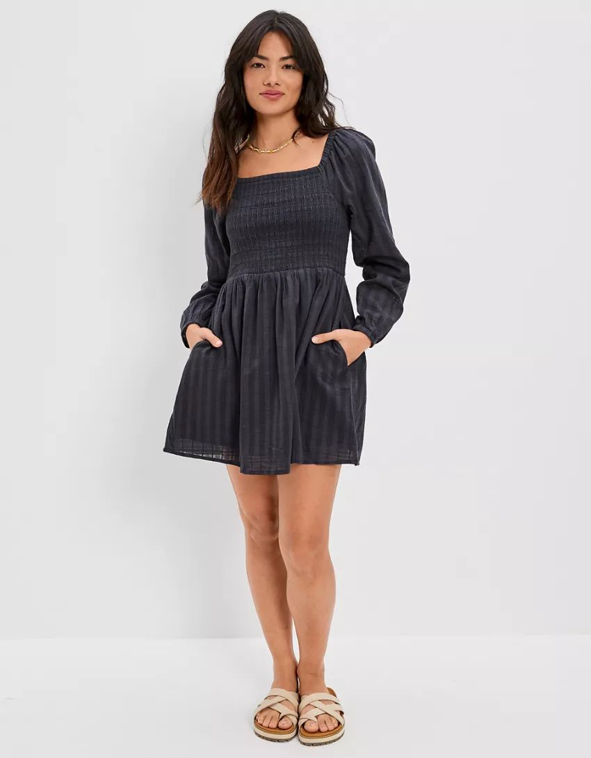 AE Smocked Tiered Long-Sleeve Mini Dress | American Eagle Outfitters (US & CA)