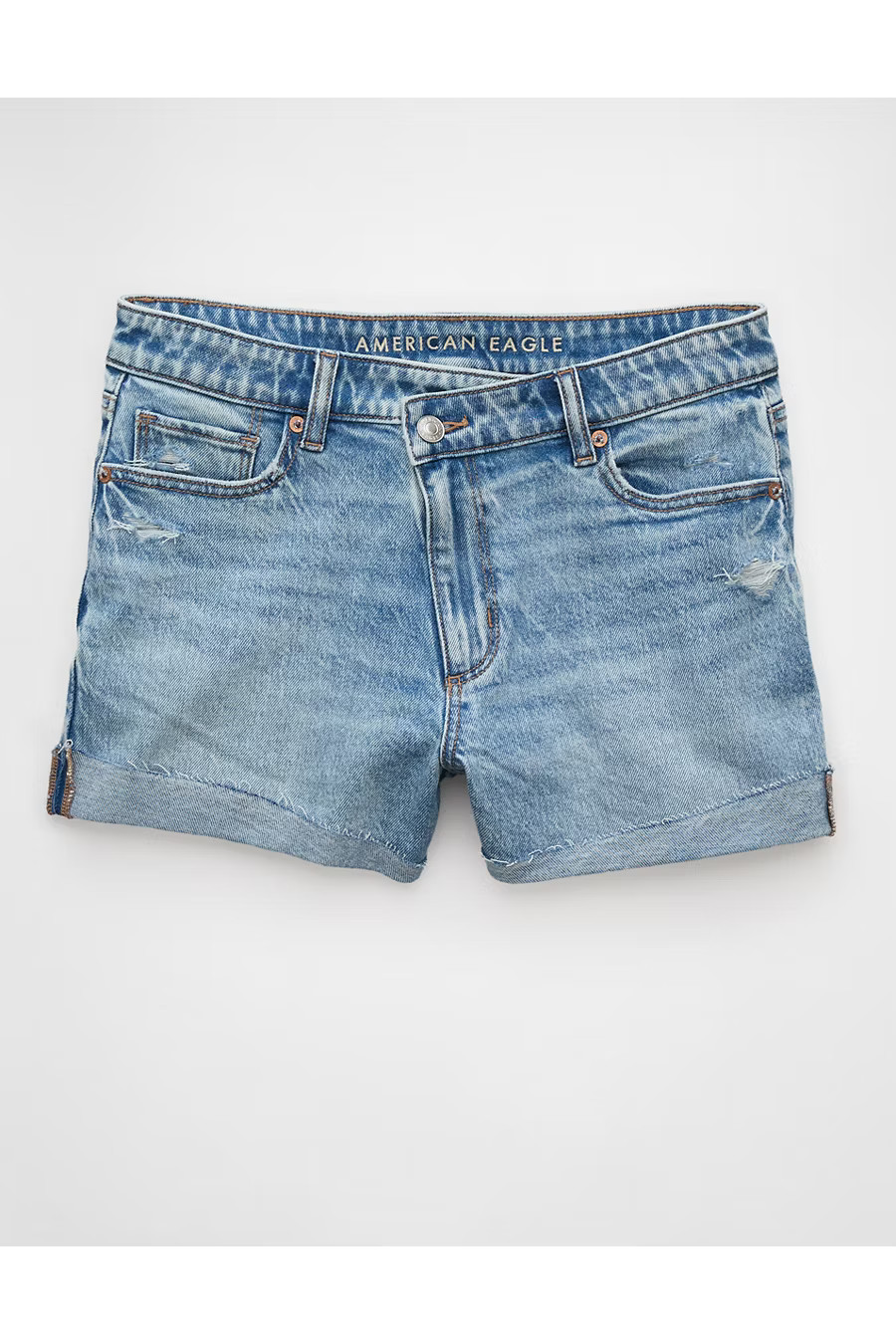 AE Stretch Ripped Denim Mom Short Women's Medium Bright Indigo 20 | American Eagle Outfitters (US & CA)