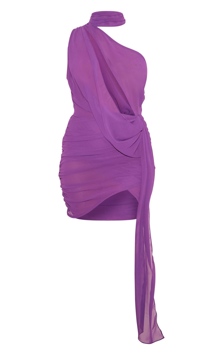 Purple Sheer Chiffon Ruched Detail Asymmetric Drape Bodycon Dress | PrettyLittleThing US