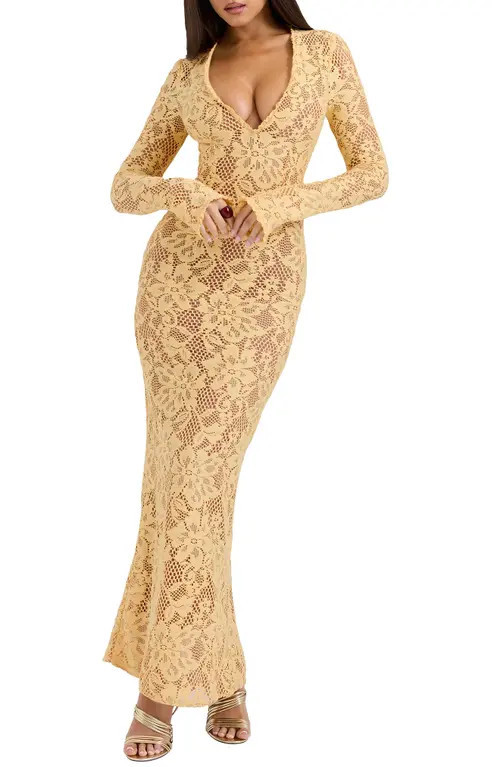 HOUSE OF CB Indiana Long Sleeve Lace Maxi Dress in Flax at Nordstrom, Size X-Large | Nordstrom