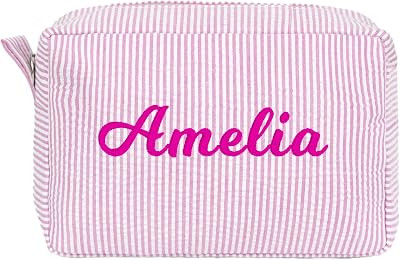 Personalized Seersucker Toiletry Bag Monogrammed Cosmetic Bag Cotton Seersucker Pouch Large Capac... | Amazon (US)