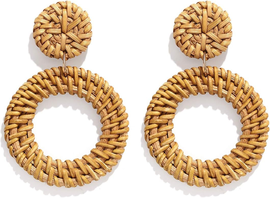 Rattan Earrings for Women Girls Handmade Lightweight Wicker Straw Stud Earrings Statement Weaving... | Amazon (US)