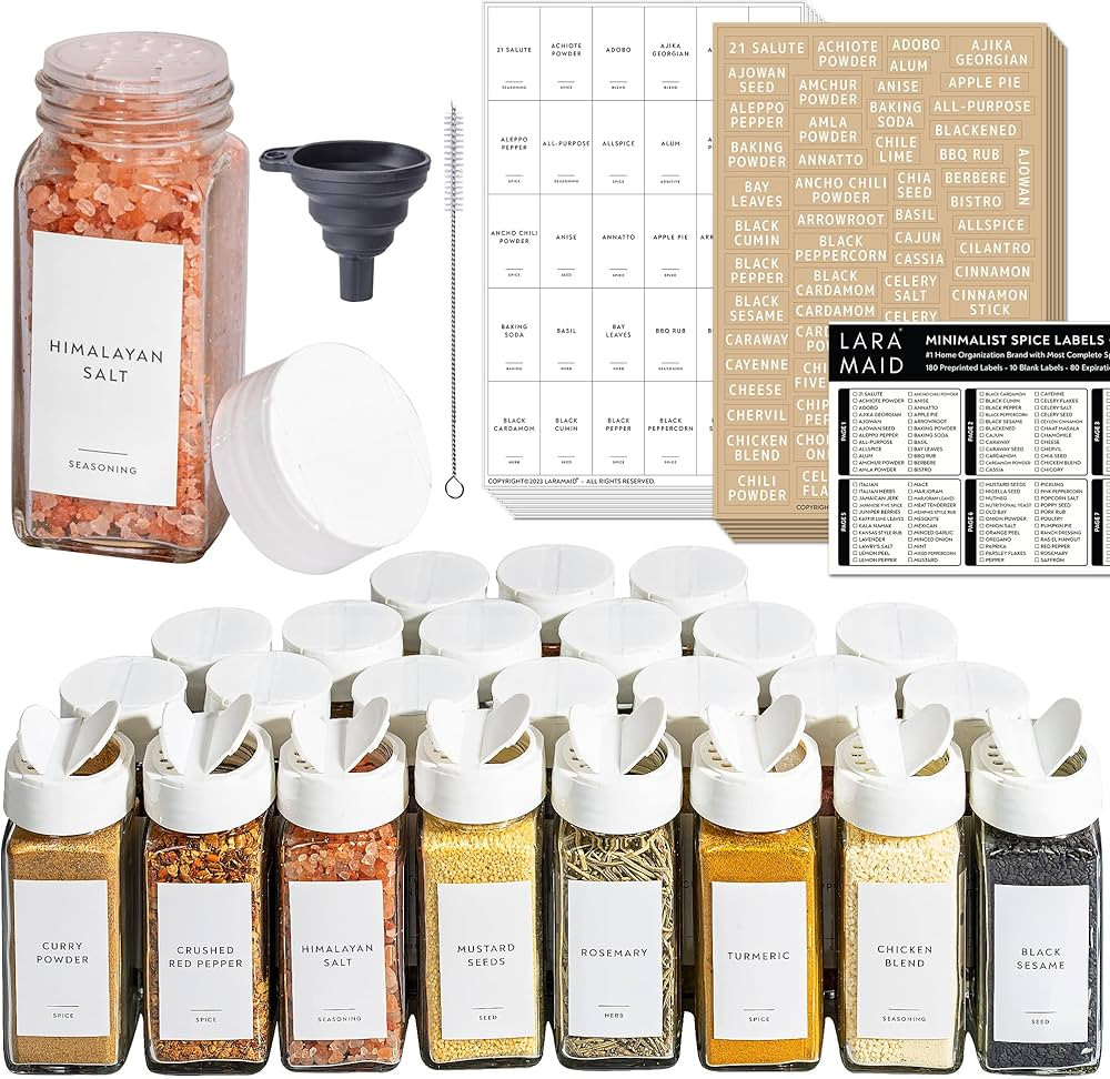 Laramaid 4oz 24Pack Glass Jars with 479 Minimalist White Vinyl Spice Labels, White Plastic Shaker... | Amazon (US)