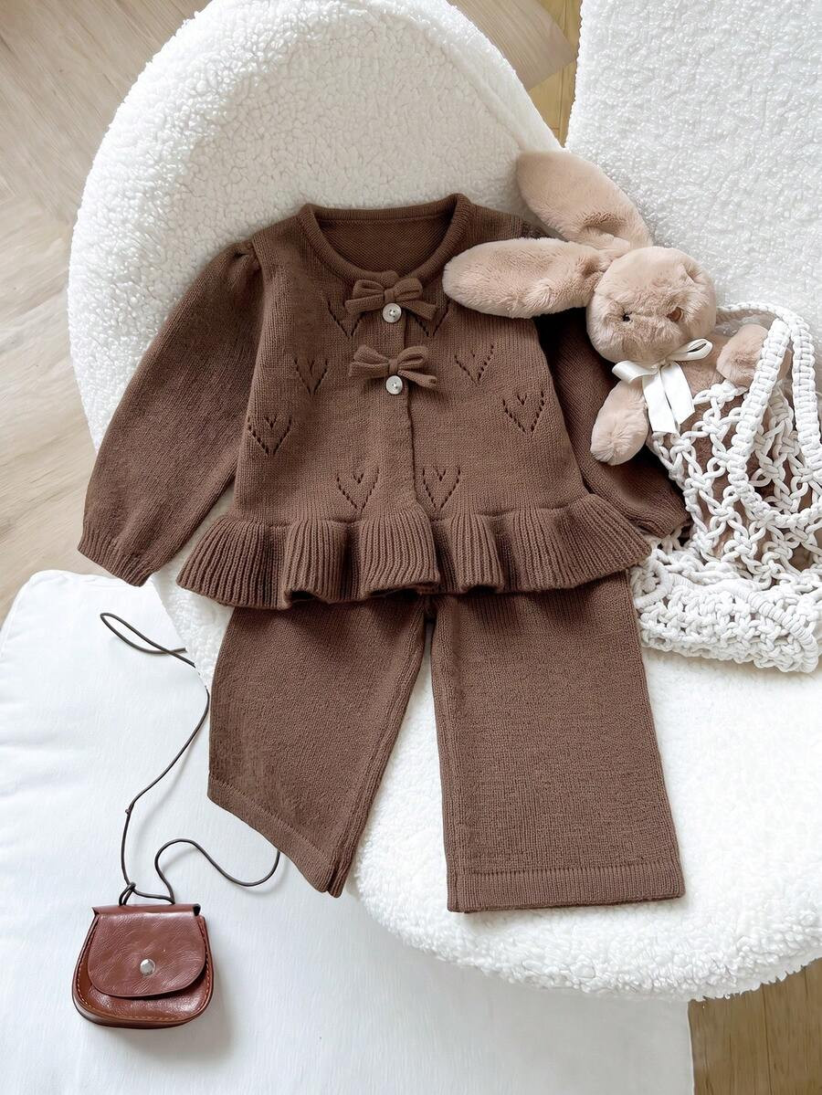 SHEIN Baby Girls Sweater Co-Ords, Infant Girls Pullover Round Neck Knitted Long Sleeve Cardigan, Pink Solid Color Versatile Fashionable + Knitted Flared Long Pants, Suitable For Autumn/Winter, 2 Pieces Set, Versatile, Suitable For Outings, Travel, School | SHEIN