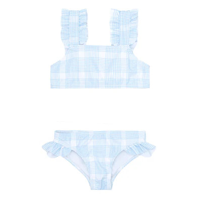 girls sunwashed plaid ruffle strap bikini | minnow