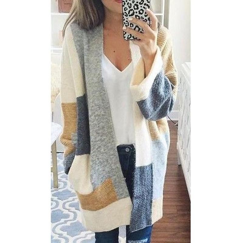 Women New Long Sleeve Casual Patchwork Knit Coat Cardigan Fashion Coat | Bonanza (Global)