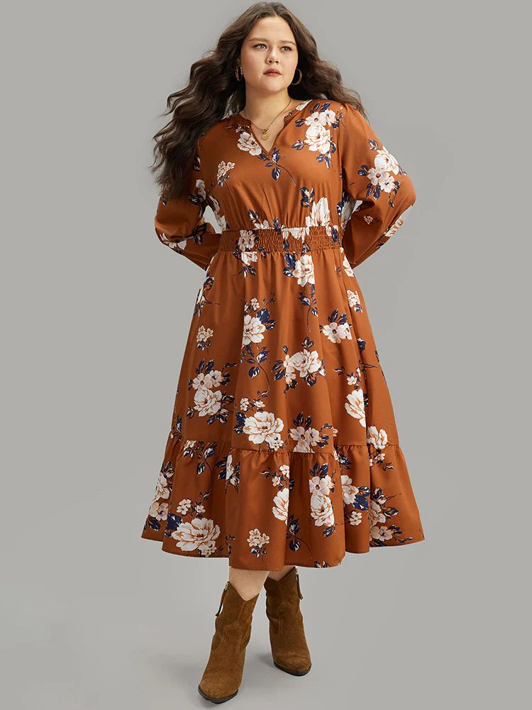 Floral Print Notched Shirred Elastic Cuffs Dress | Bloomchic