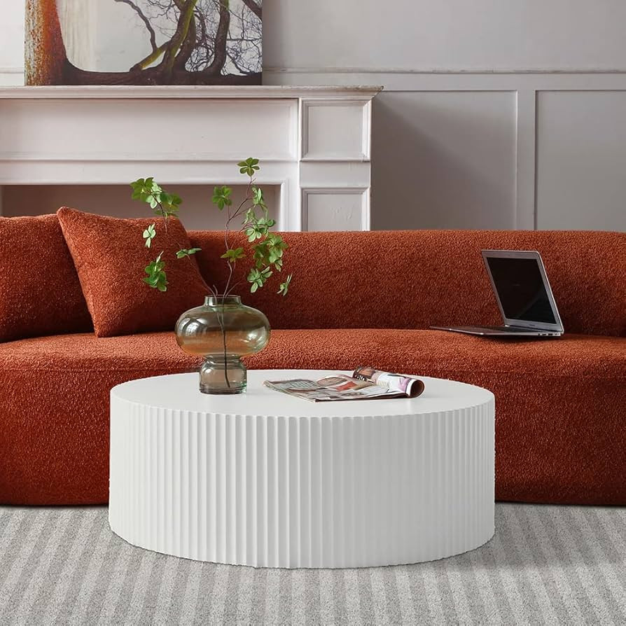 White Round Drum Coffee Table Modern Large Round Coffee Table Wood Side Table for Living Room Off... | Amazon (US)