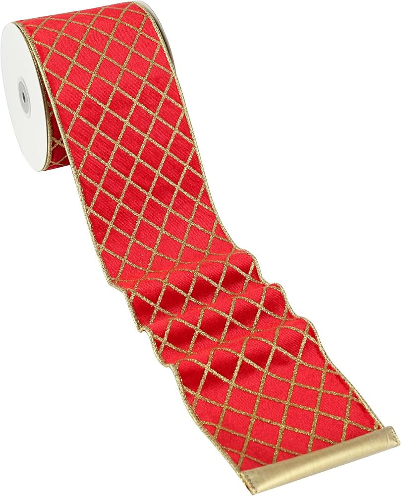 MAYREEL 4 Inch Red and Gold Velvet Wired Ribbon Metallic Diamond Glitter Grid for Christmas Gift ... | Amazon (US)