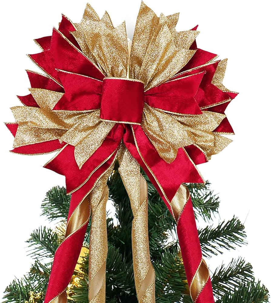 Red Gold Christmas Tree Topper, 40x13 Inches Toppers Bow with Glitter Satin Mesh Streamer and Pat... | Amazon (US)