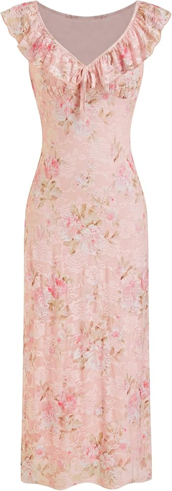 CIDER Women's Summer Floral Wedding Guest Dress Formal Ruffle Cocktail Dresses Cute V Neck Maxi D... | Amazon (US)