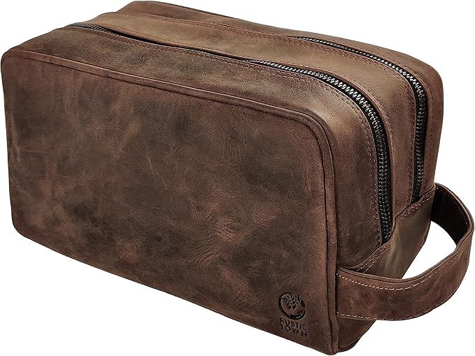 Genuine Leather Travel Toiletry Bag - Dopp Kit Organizer By Rustic Town (Dark Brown) | Amazon (US)