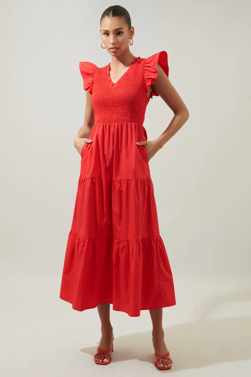 Sunfire Smocked Bodice Tiered Midi Dress | Sugarlips