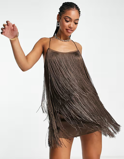 ASOS DESIGN fringed mini dress in chocolate | ASOS | ASOS (Global)