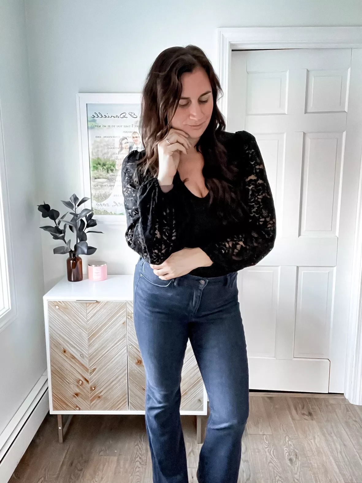 Sofia Jeans Women's Lace Bodysuit with Blouson Sleeves, Sizes XS