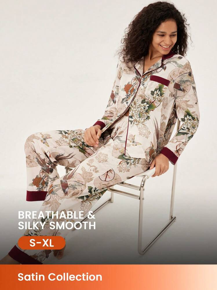 LUVLETTE Chinese Ink Painting Flora Print Satin Long Women Pajama Sets | SHEIN