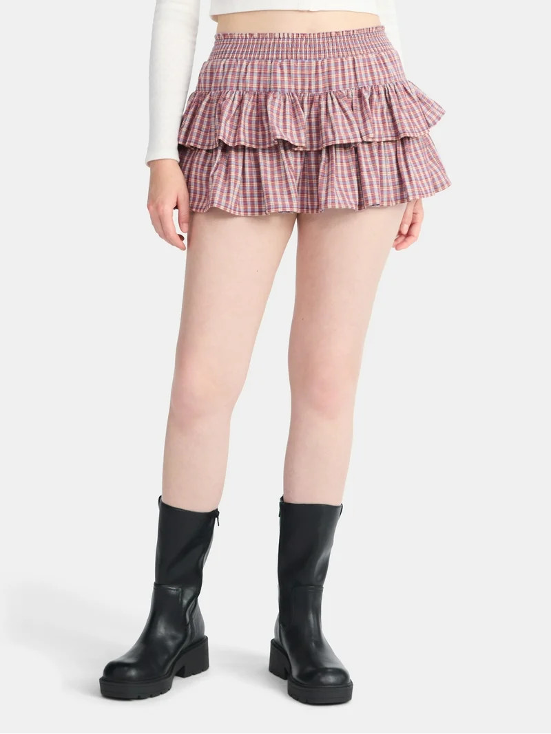 No Boundaries Woven Cotton Plaid Mini Skort, Women's | Walmart (US)