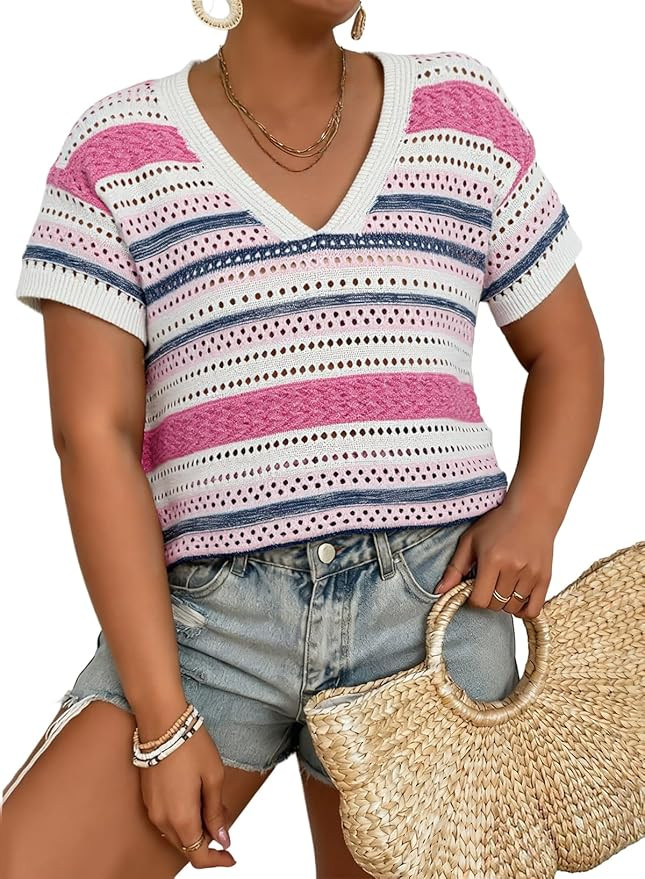 Eytino Plus Size Tops for Women Striped V Neck Short Sleeve Hollow Out Crochet Knit Sweater 2026 ... | Amazon (US)
