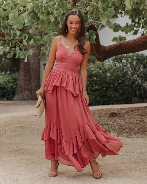 Remembered Always Swiss Dot Peplum Maxi Dress - Rose - FINAL SALE | VICI