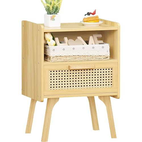 Lerliuo Rattan Nightstand, Boho Night Stand with Handmade Natural Rattan Drawer and Open Shelf, Cane Accent Side Table, End Tables with Solid Wood Legs for Bedroom, Dorm and Small Spaces | Amazon (US)