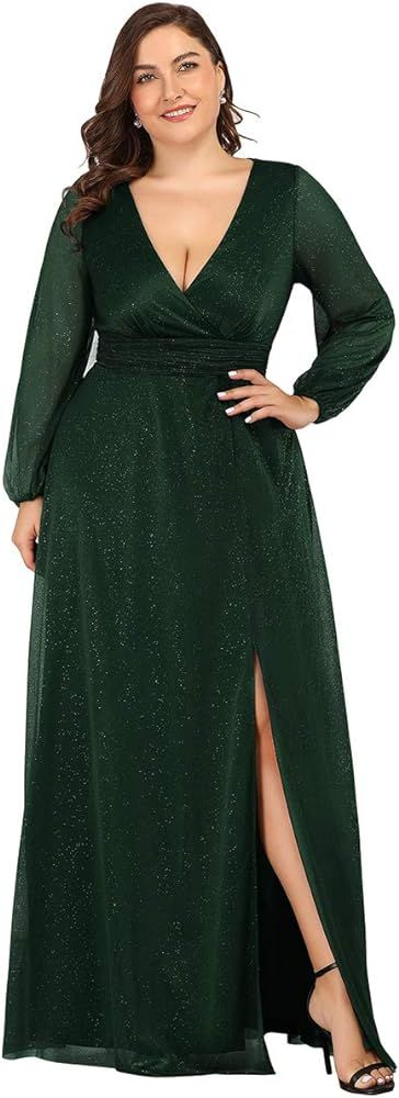 Ever-Pretty Women's Leg Slit V-Neck Sparkle Plus Size Evening Party Dress with Sleeves 0739-PZ | Amazon (US)