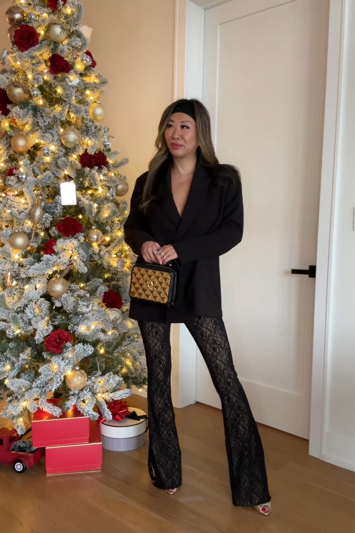 Lace pants, Pinterest aesthetic, black blazer, holiday style, revolve lace leggings 

#LTKstyletip