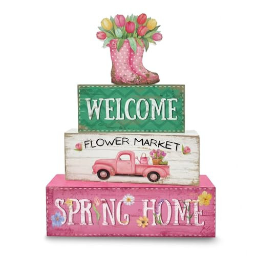 Golibra Spring Decorations, 4 Pcs Wooden Spring Table Decorations, Farmhouse Rain Boots Tiered Tray Decor, Wooden Table Sign for Desk Shelf Mantel Coffee Bar, Indoor Home Decor | Amazon (US)