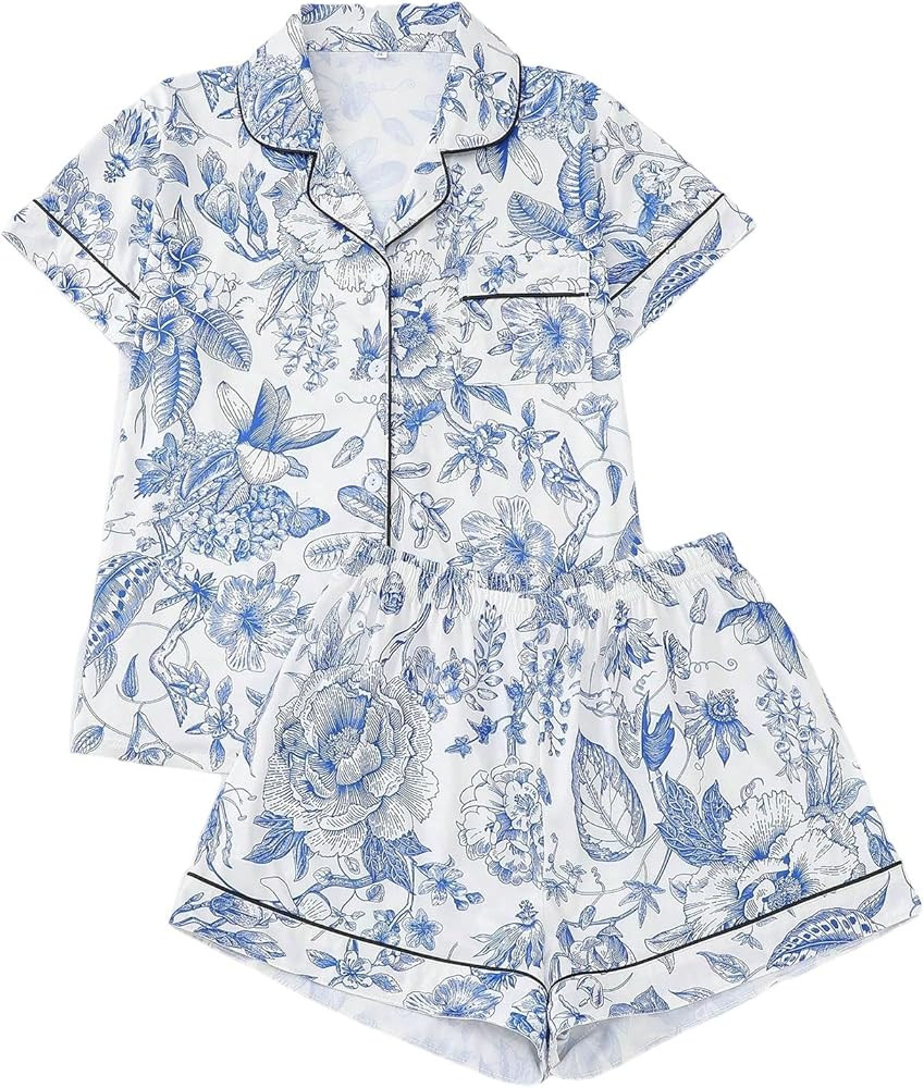 SHENHE Women's Floral Pajama Sets Two Piece Ladies Button Down Lapel Shirt and Cute Pjs Short Set... | Amazon (US)