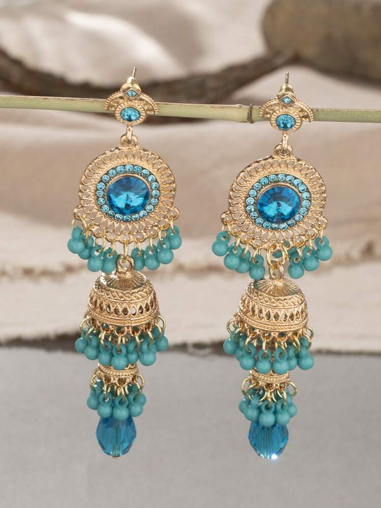 1pair Double Layer Bell Shaped Crystal & Rhinestone Decor Earrings | SHEIN