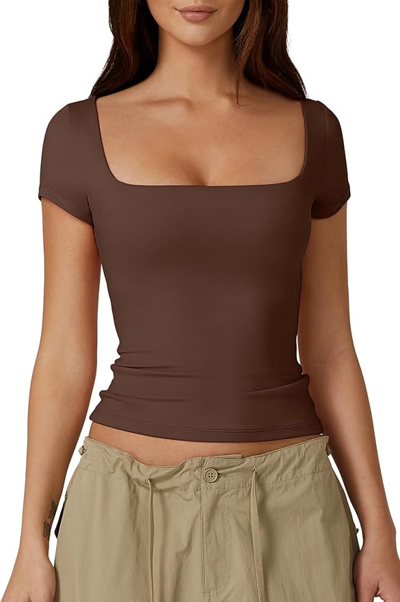QINSEN Women's Square Neck Short Sleeve Double-Layer Tops Basic Slim Fit Going Out T Shirt | Amazon (US)