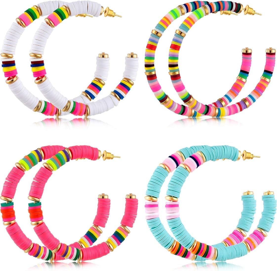 4 Pairs Heishi Hoop Earrings Rainbow African Vinyl Disc Bead Earrings Colorful Heishi Beaded Open... | Amazon (US)
