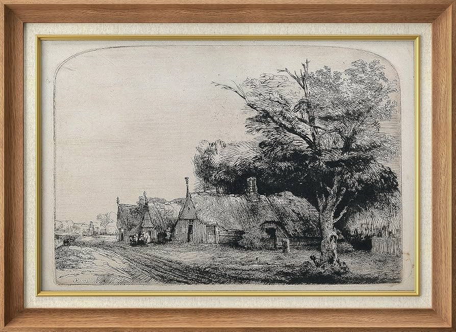 SIGNWIN Premium Frame Art Traditional Etched Landscape with Thatched Cottages Historical Illustra... | Amazon (US)