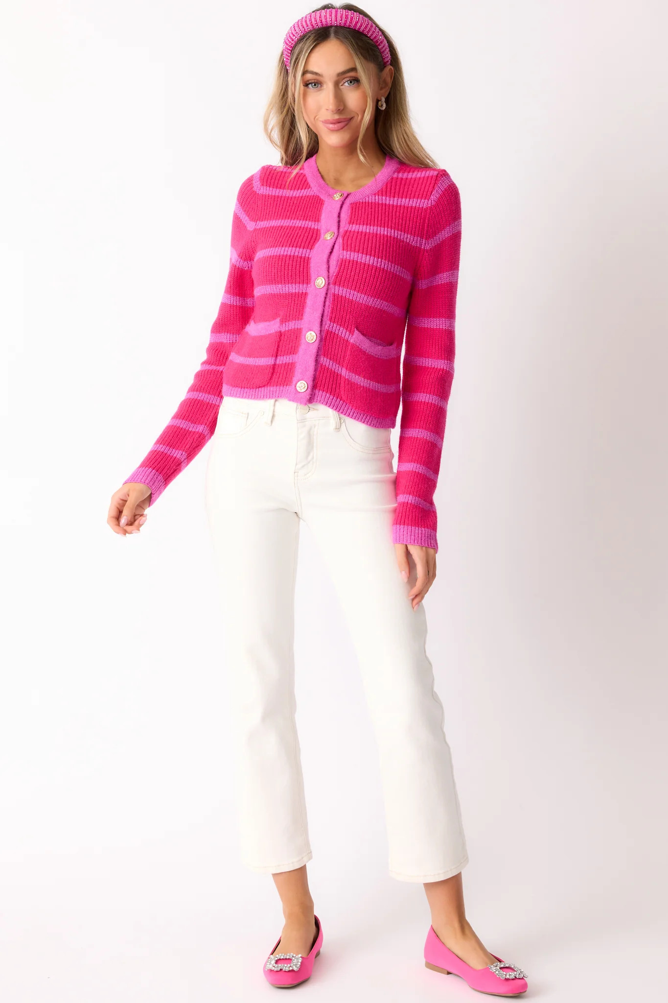 Let's Go Shopping Hot Pink Stripe Button Front Cardigan | Red Dress