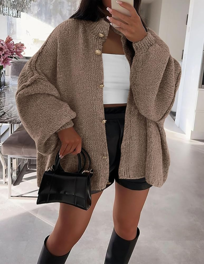 PRETTYGARDEN Women's Winter Button Down Cardigan Sweaters Mock Neck Lantern Long Sleeve Chunky Kn... | Amazon (US)