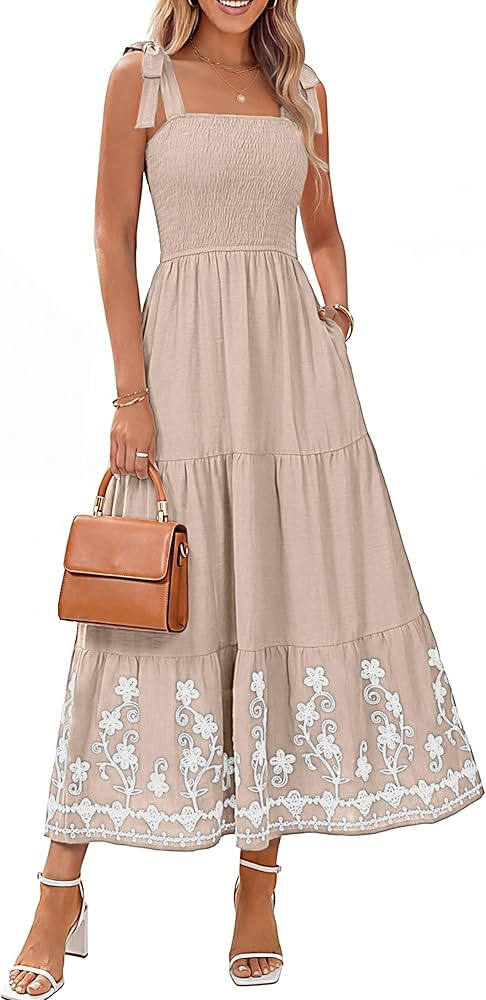 BerryGo Women's Summer Boho Maxi Dress Smocked Spaghetti Strap Embroidery Casual Beach Vacation S... | Amazon (US)