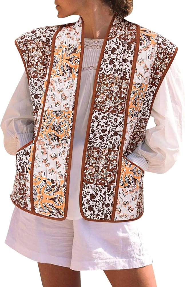Tankaneo Womens Puffer Quilted Cropped Vest Oversized Floral Patchwork Lightweight Jacket Cap Sle... | Amazon (US)