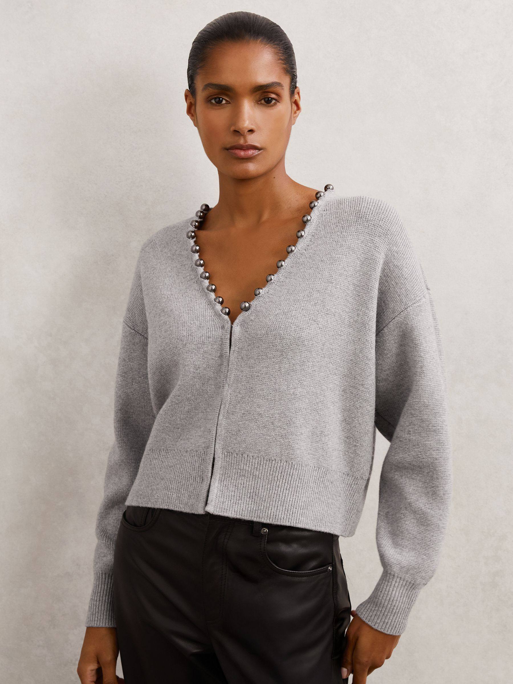 Reiss Wool-Blend Beaded-Trim Cardigan With Cashmere in Grey - REISS | Reiss UK