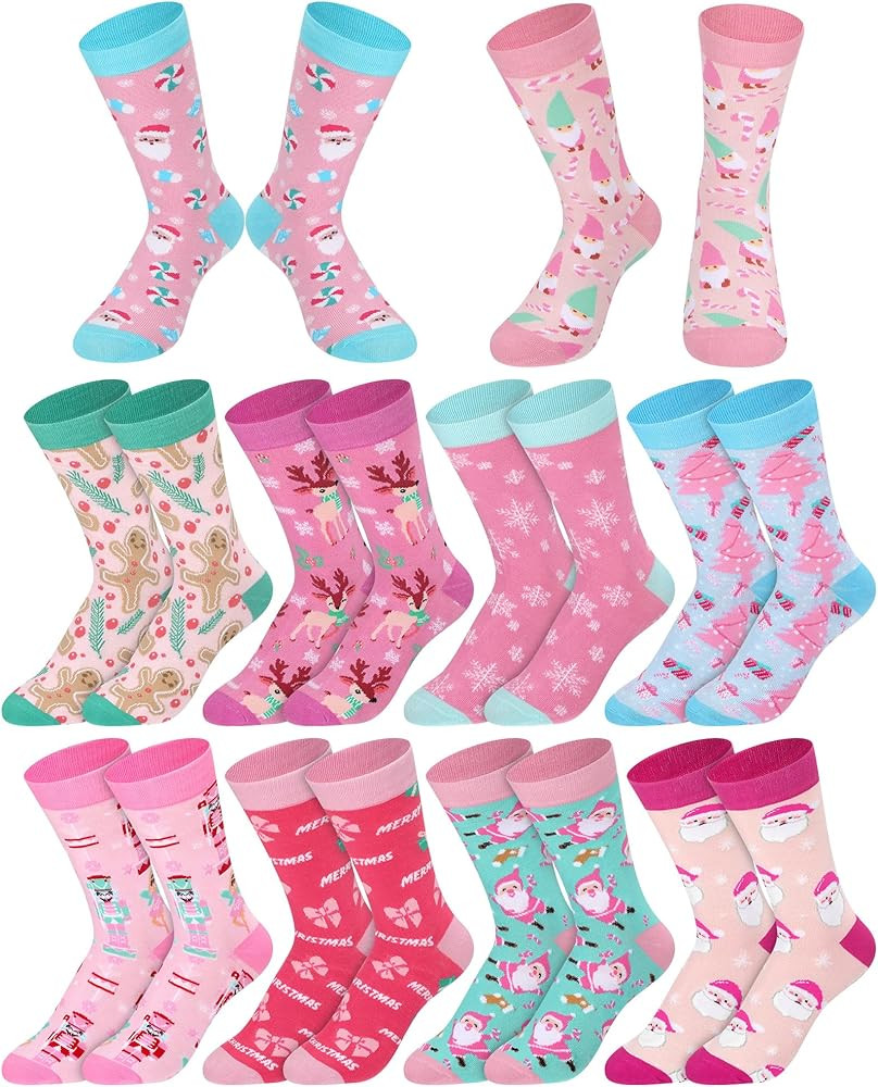 10 Pairs Pink Christmas Socks for Women Bulk Fun Xmas Crew Socks Holiday Gift for Stocking Stuffe... | Amazon (US)