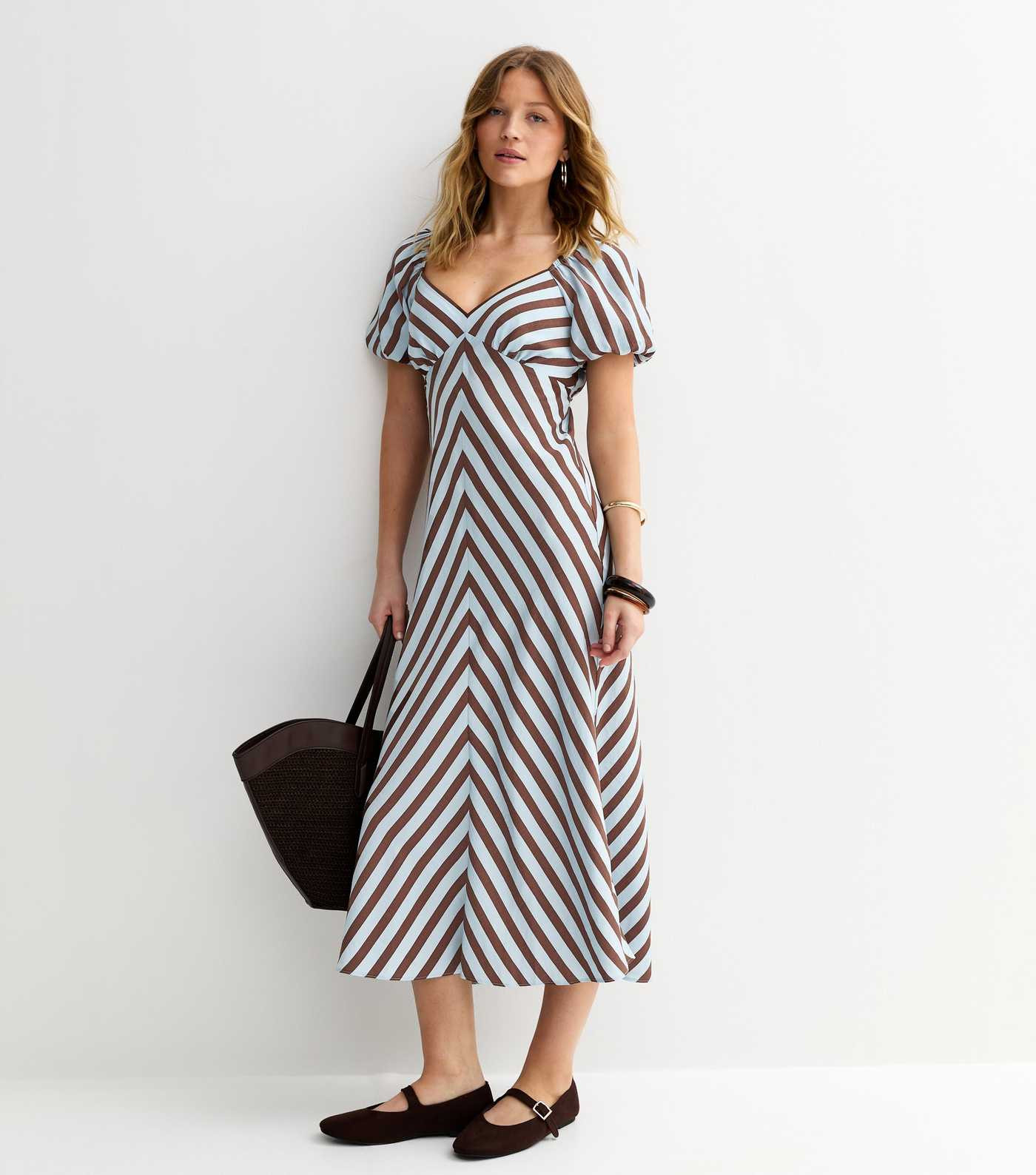 Blue Contrast Stripe Puff Sleeve Midi Dress | New Look | New Look (UK)