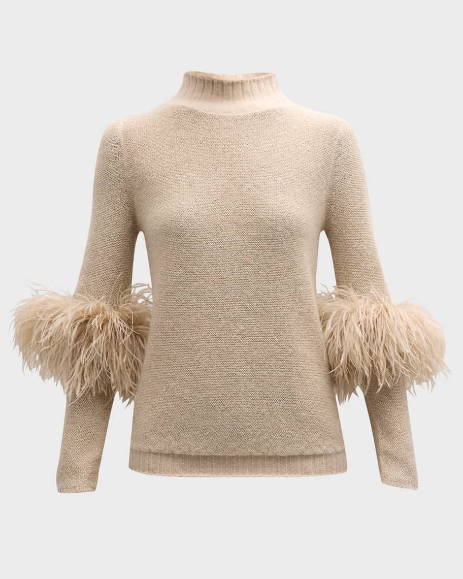 Neiman Marcus Cashmere Collection Cashmere Sequin Mock Neck Sweater with Feather Trim | Neiman Marcus