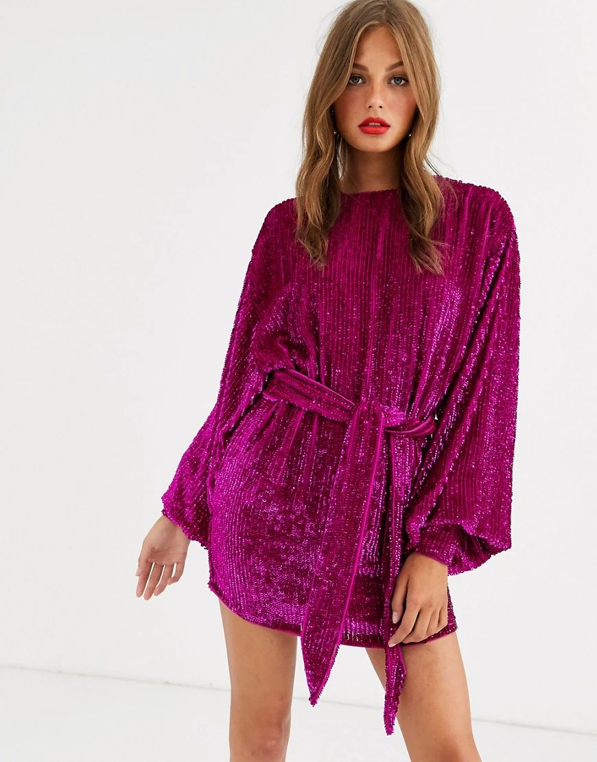 ASOS EDITION oversized blouson sleeve mini dress in sequin-Pink | ASOS (Global)